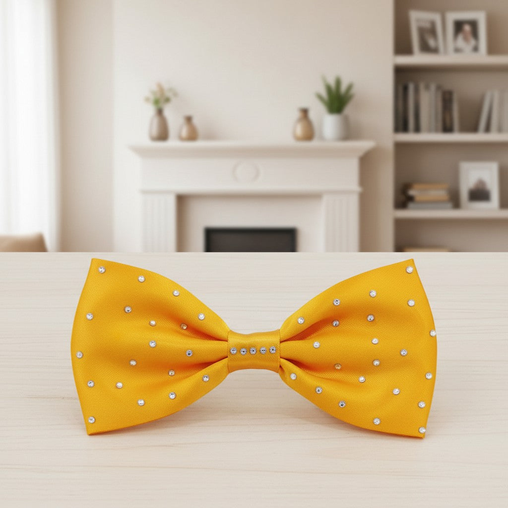 Girls golden yellow satin hair bow with silver metal stud detailing
