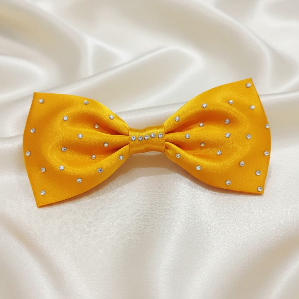 Girls golden yellow satin hair bow with metal studs - second view