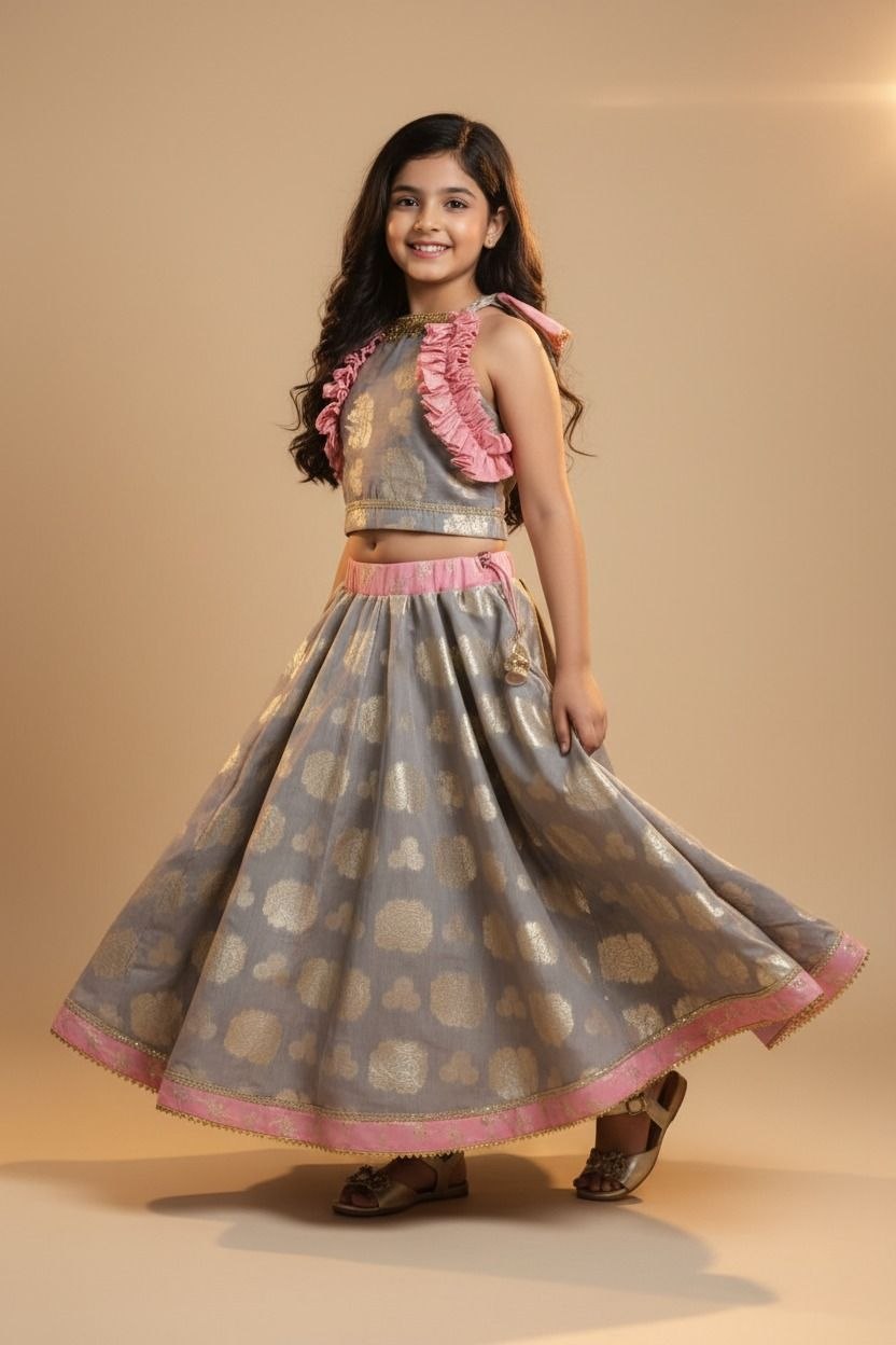 Girls Gray pink Pure Banarsi Lehnga with Frill