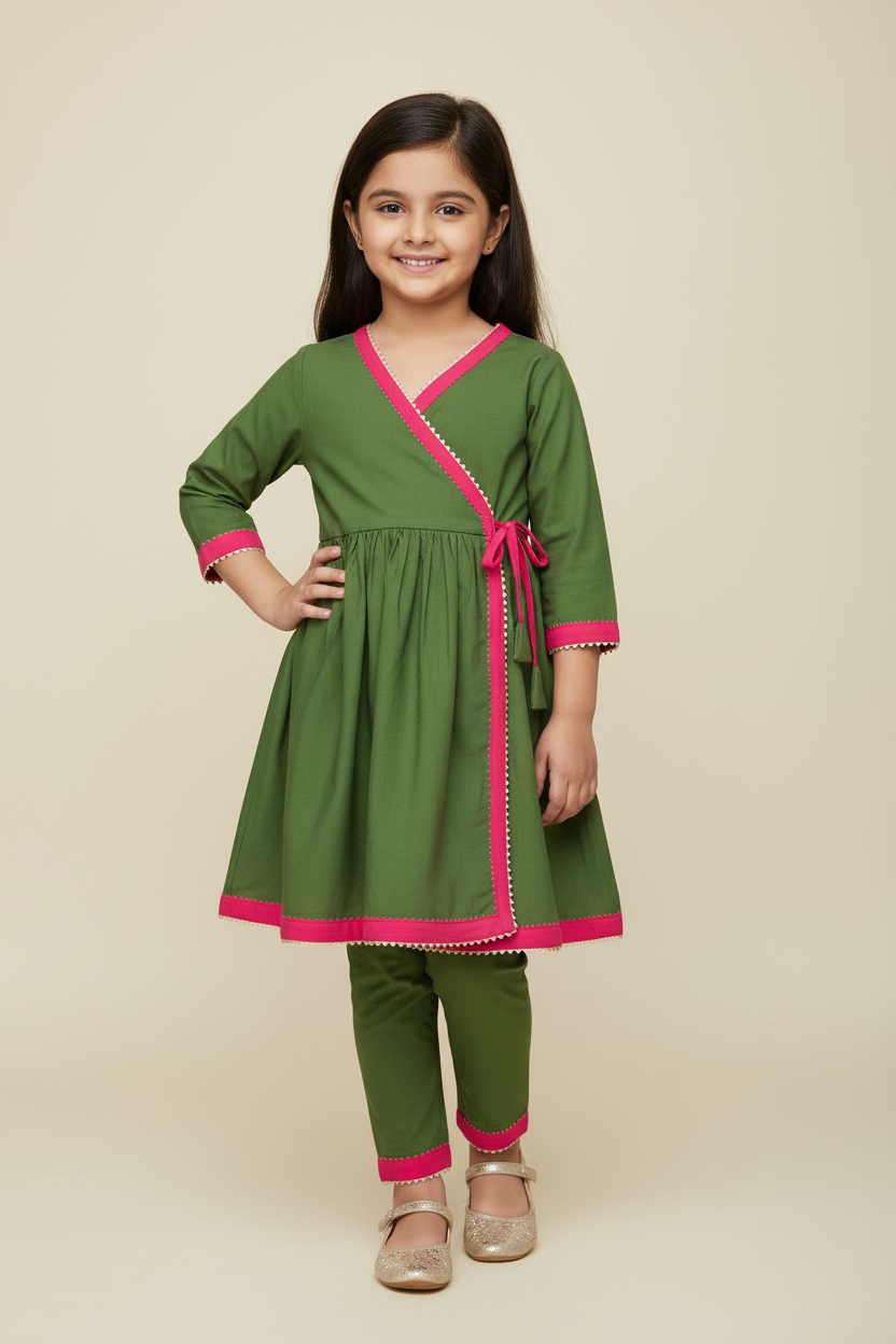 Girls green cotton viscose angrakha kurta set with pink borders