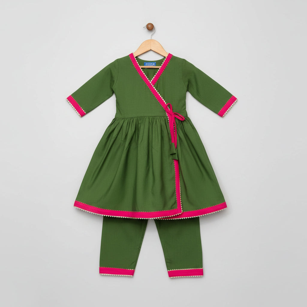 Girls green angrakha kurta set - view 3