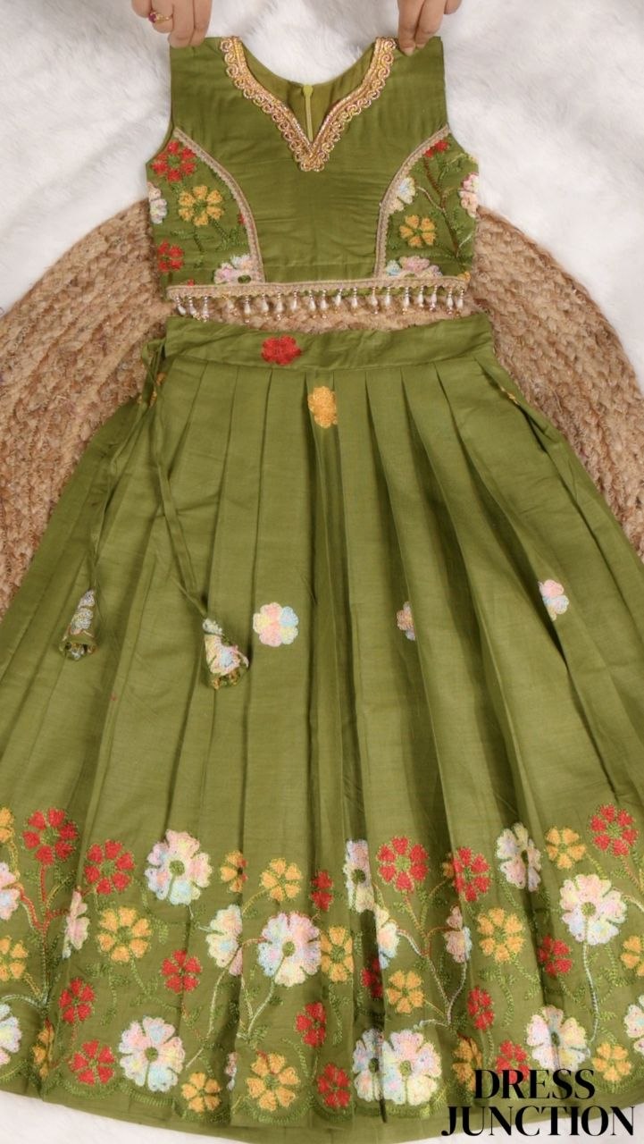 Girls Green Embroidered Cotton Lehnga