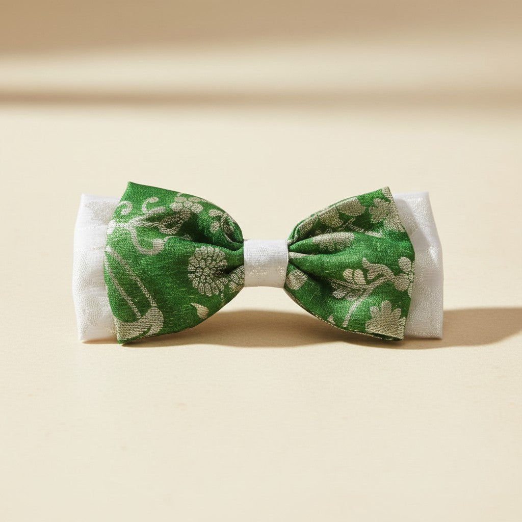 Girls green and white Banarsi jacquard hair bow with woven floral motifs