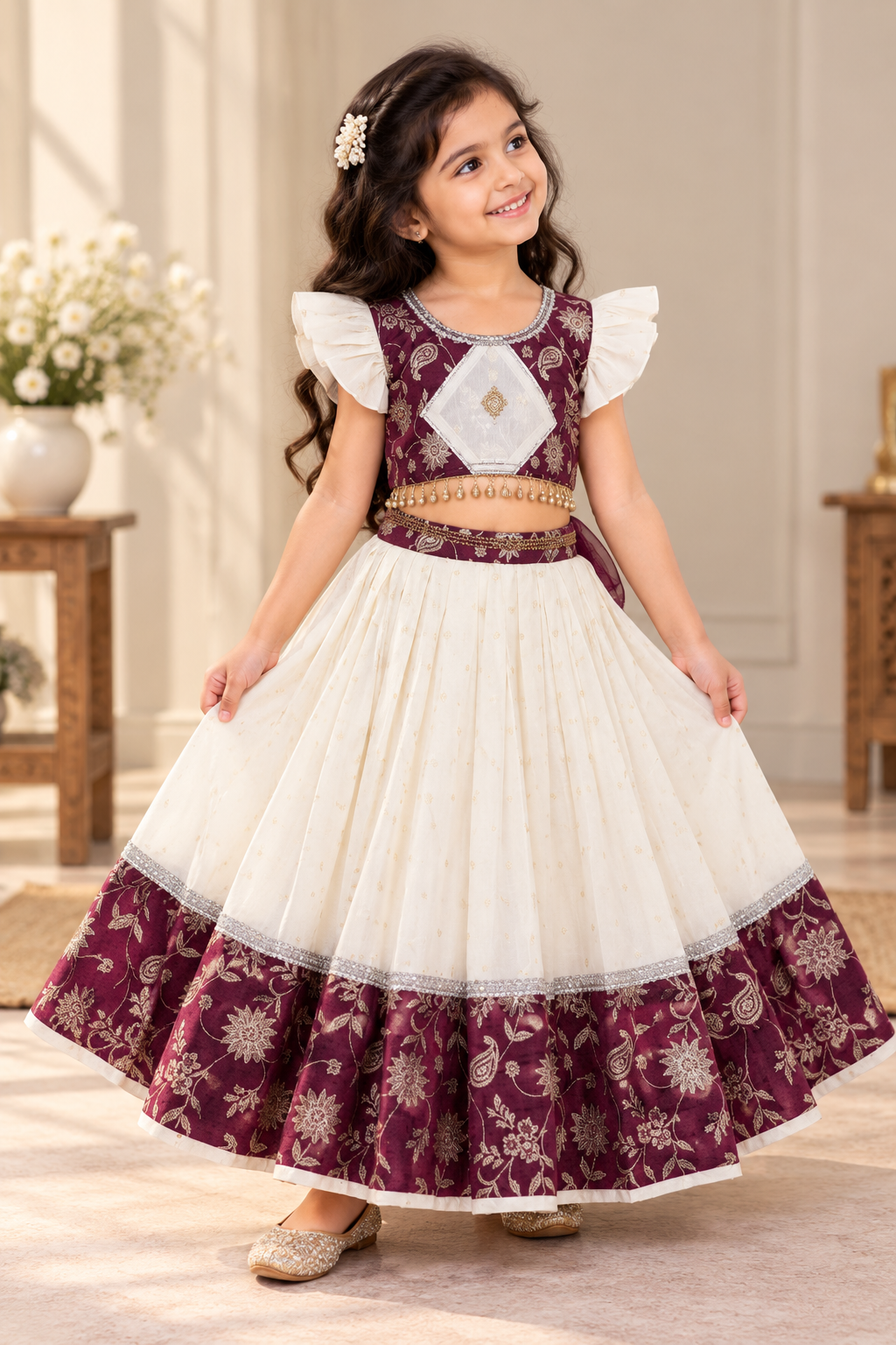 Girls ivory and maroon Banarsi lehenga with ruffle sleeves