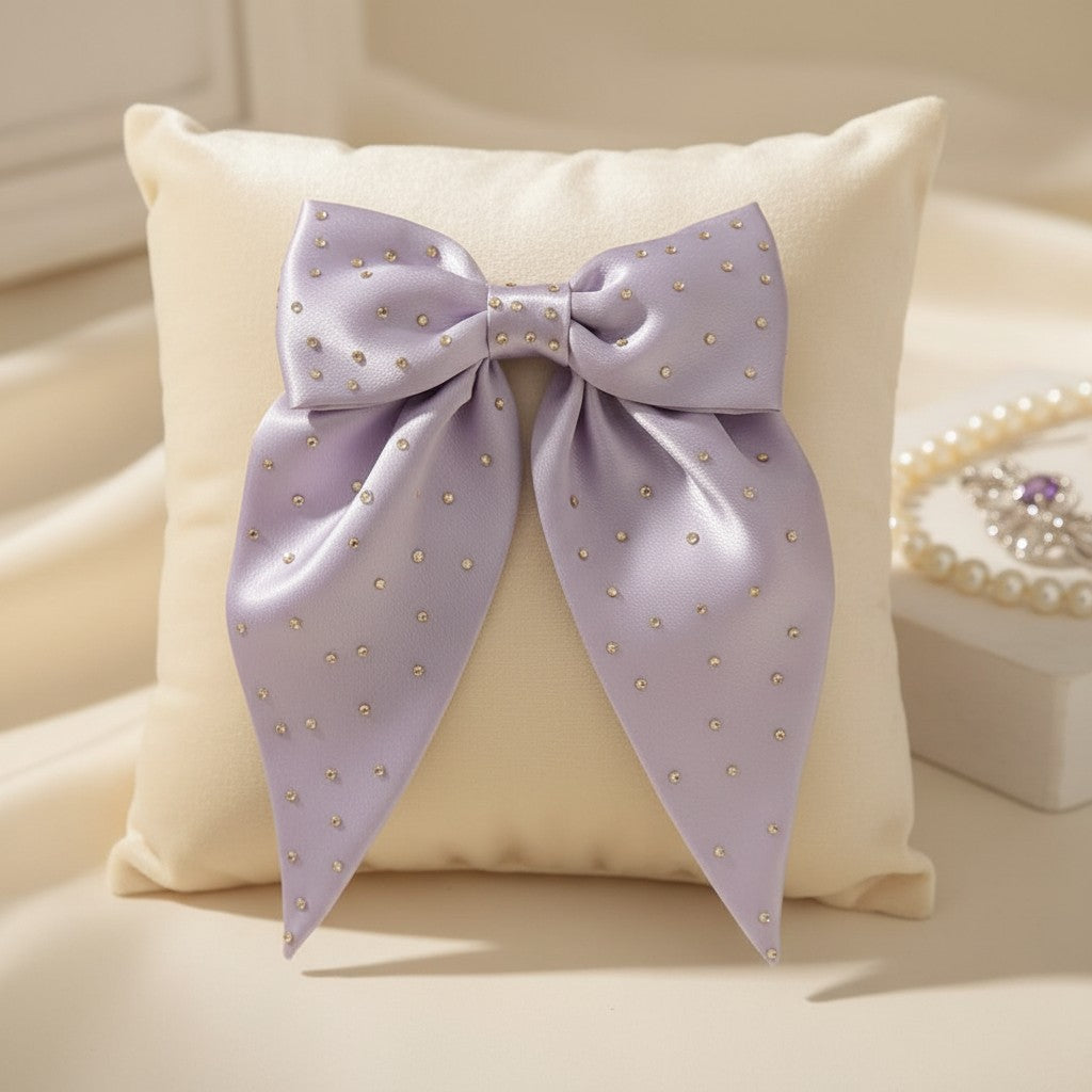 Girls lavender satin long-tail hair bow with sparkling stud detailing