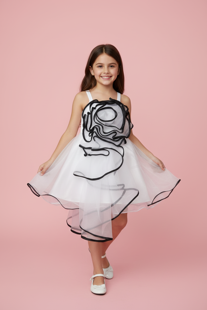 Girls light pink layered organza party dress with floral applique