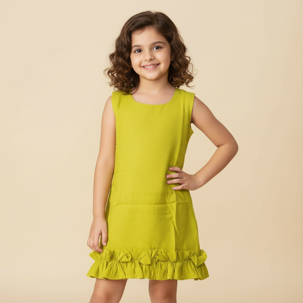 Girls lime green sleeveless cotton viscose dress with ruffle hem and back bow