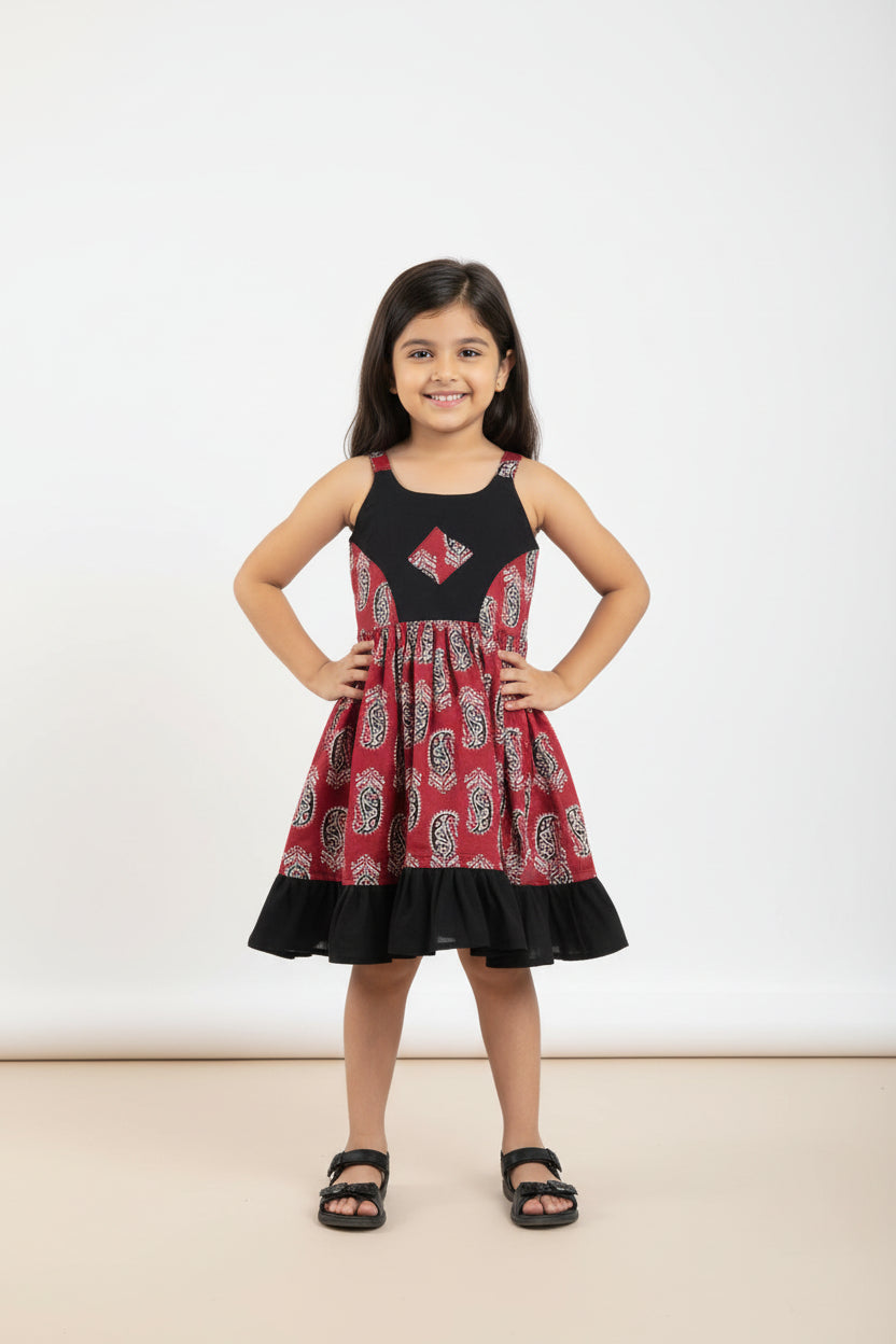 Girls maroon and black printed pure cotton dress with contrast bodice