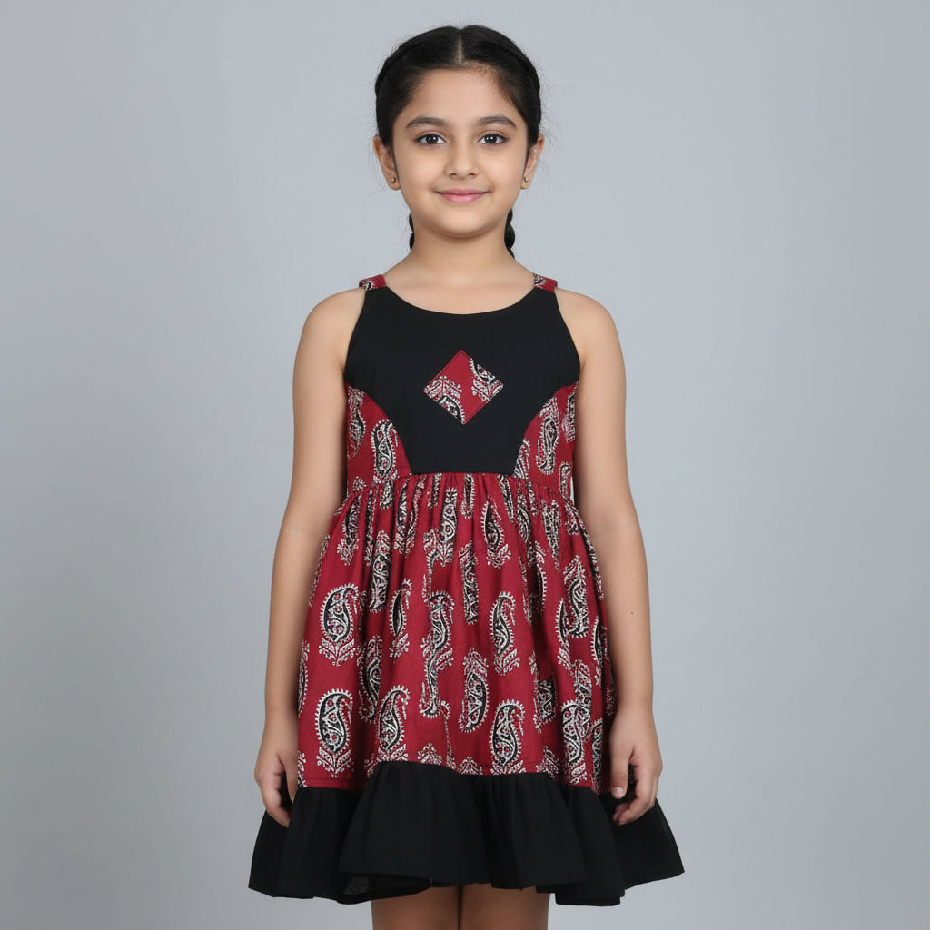 Girls maroon black printed cotton dress - view 3