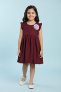 Girls maroon cotton viscose fit and flare dress with ruffled sleeves