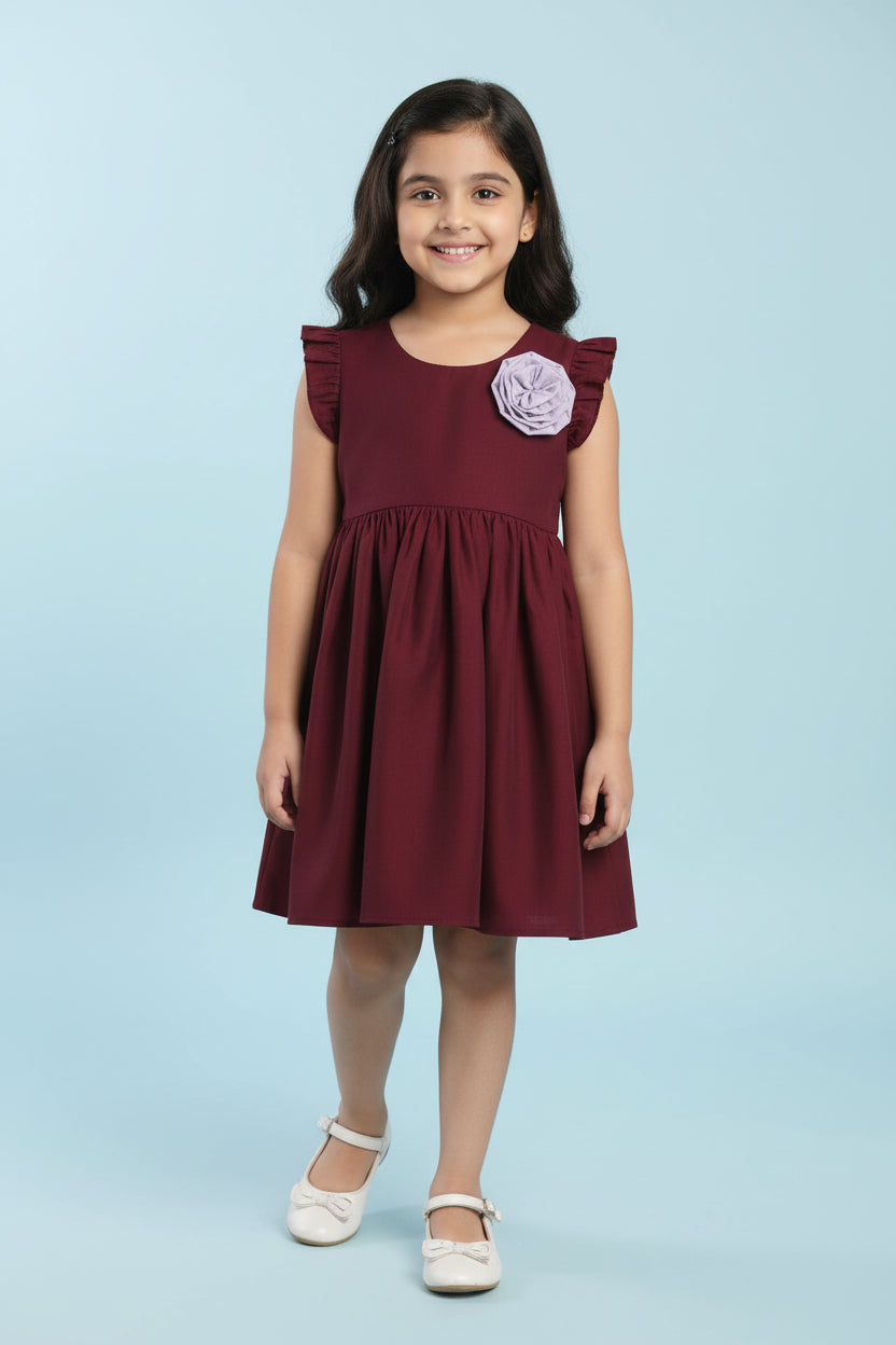 Girls maroon cotton viscose fit and flare dress with ruffled sleeves