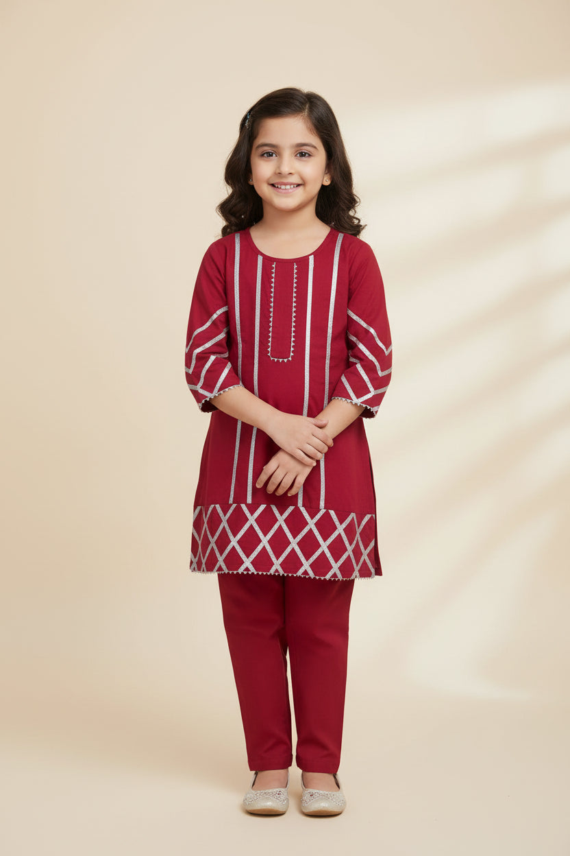 Girls maroon cotton viscose printed kurta and pant set