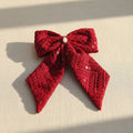 Girls maroon embroidered georgette hair bow with pearl centre and long tails