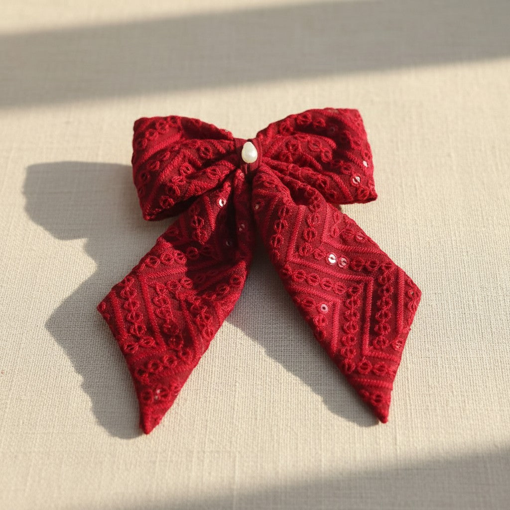 Girls maroon embroidered georgette hair bow with pearl centre and long tails