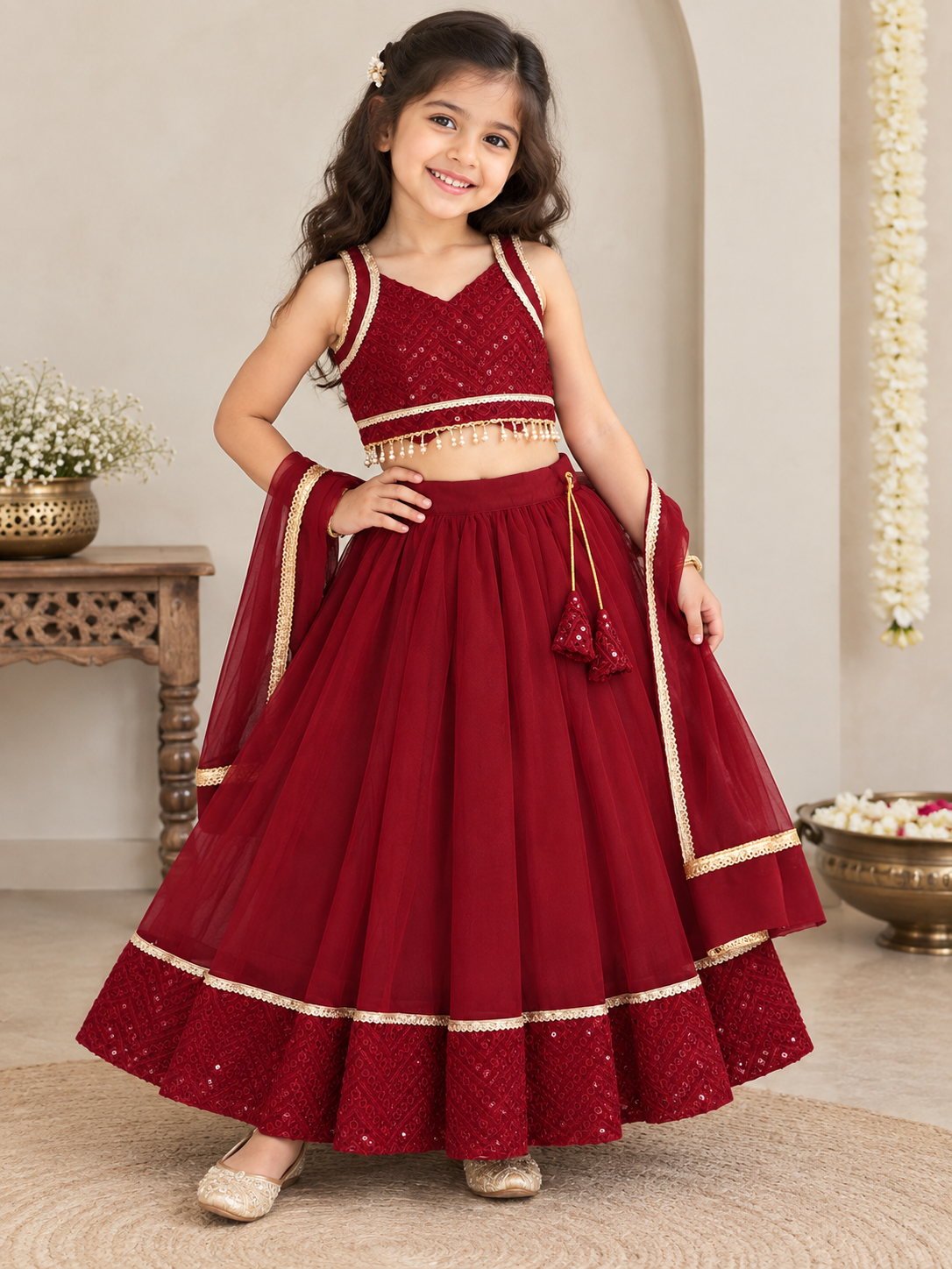 Girls maroon georgette embroidered lehnga with dupatta