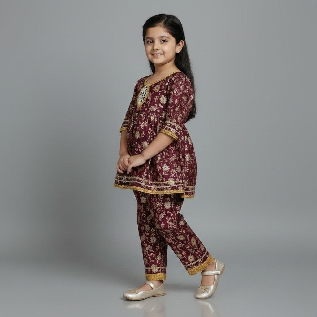 Girls Maroon Premium Banarsi  Ethnic Kurta Pajama Suit with Cotton Lining