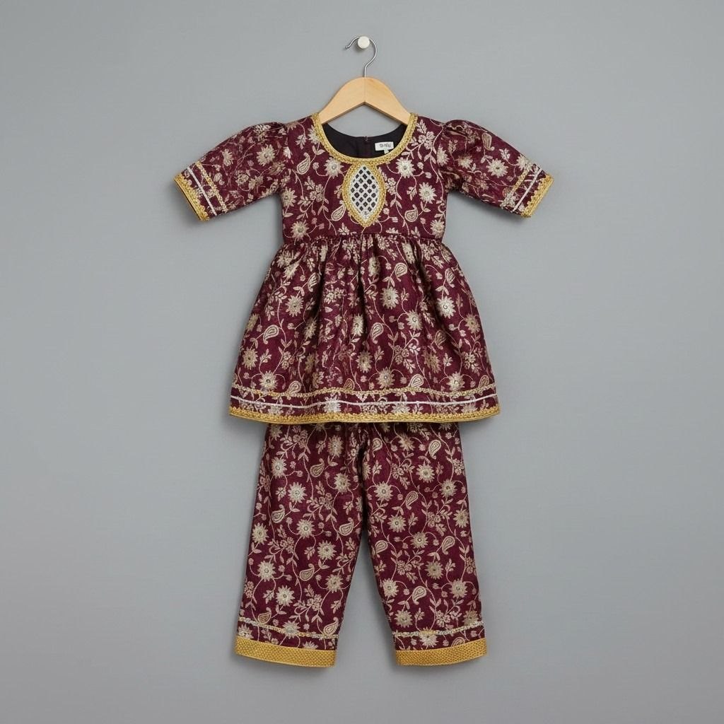 Girls Maroon Premium Banarsi  Ethnic Kurta Pajama Suit with Cotton Lining