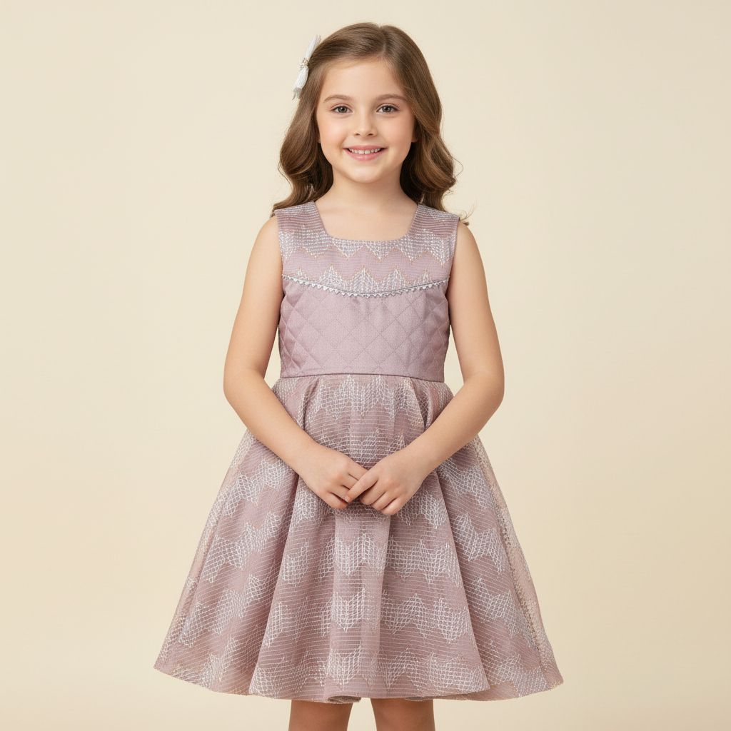 Girls mauve art silk party dress with all-over embroidery