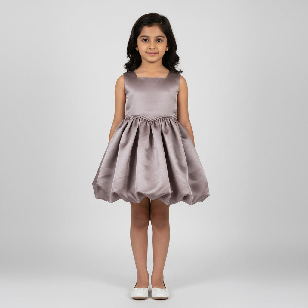 Girls mauve satin balloon party dress with puff sleeves