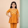 Girls mustard cotton viscose kurti with silver tape work and pants