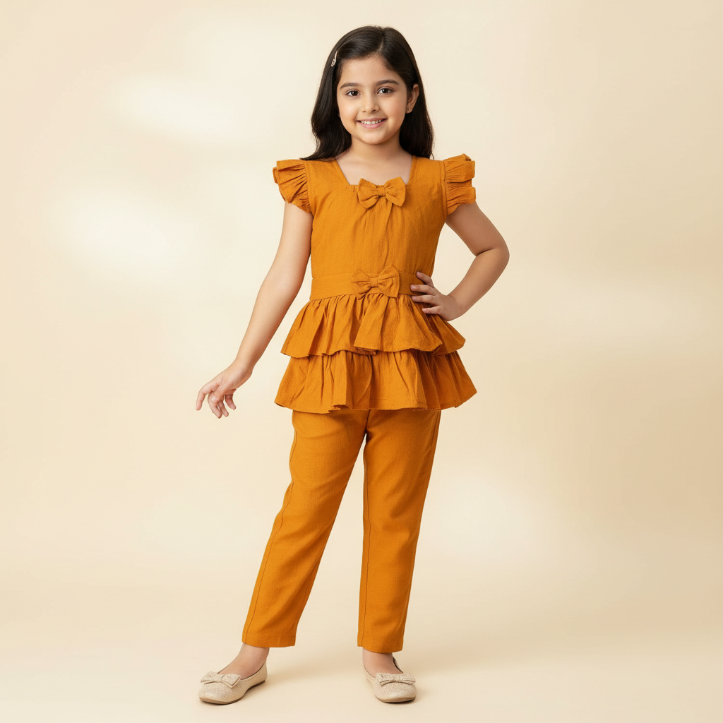 Girls mustard cotton viscose ruffle peplum top and pant set