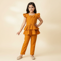 Girls mustard cotton viscose ruffle peplum top and pant set