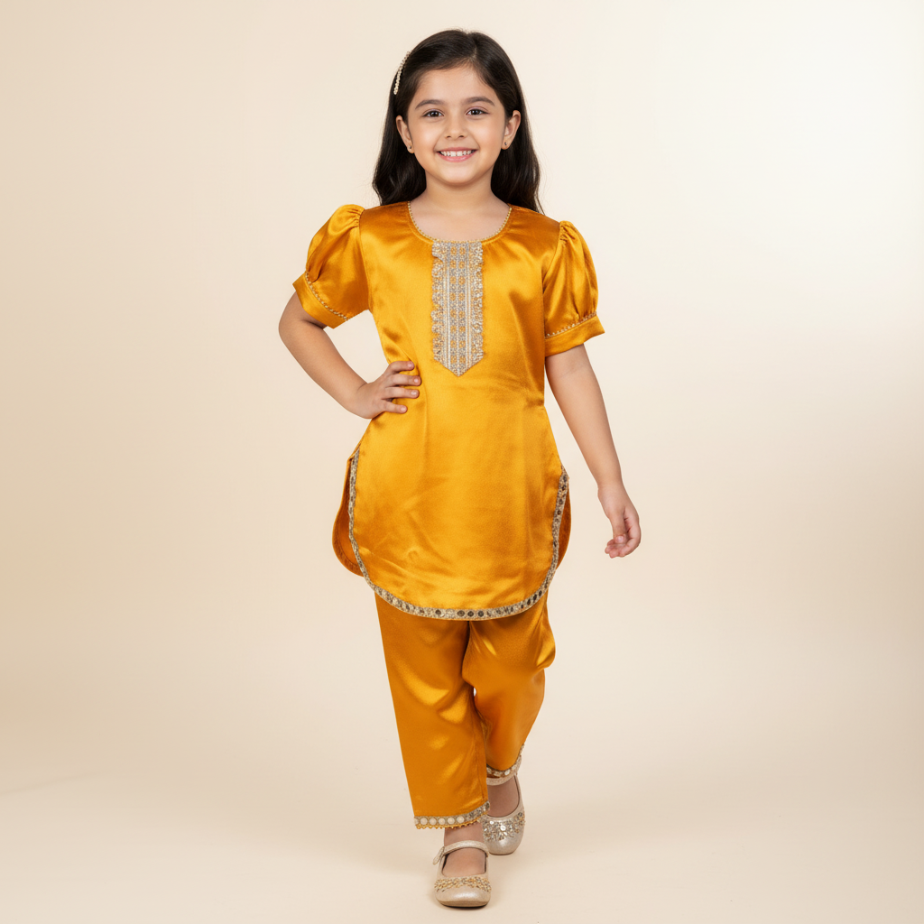 Girls mustard satin kurta with mirror work and matching pants