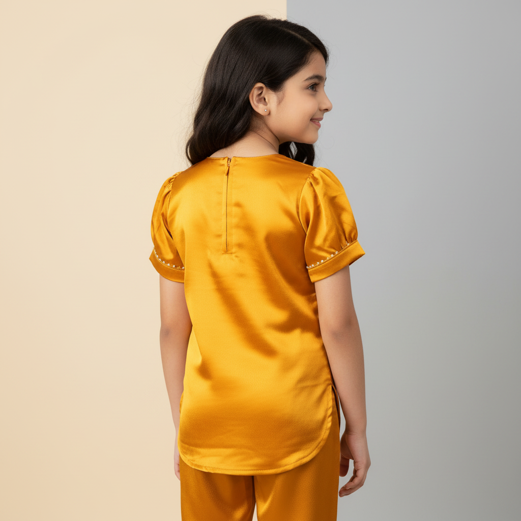 Girls mustard satin kurta pant set - view 2