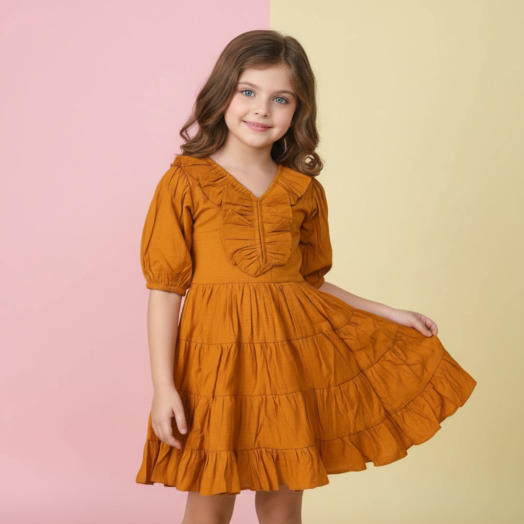 Girls mustard cotton viscose tiered ruffle dress with puff sleeves