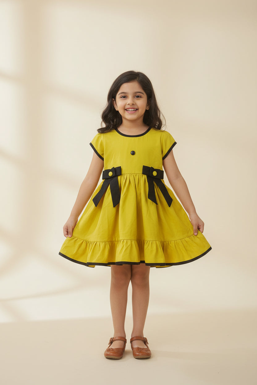 Girls mustard yellow cotton viscose fit and flare dress with bow and button details