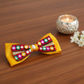 Girls mustard yellow satin hair bow with multicolour mirror work