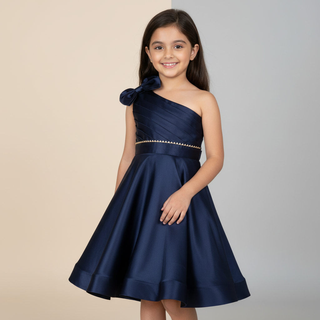 Girls navy blue one-shoulder satin party dress with statement bow