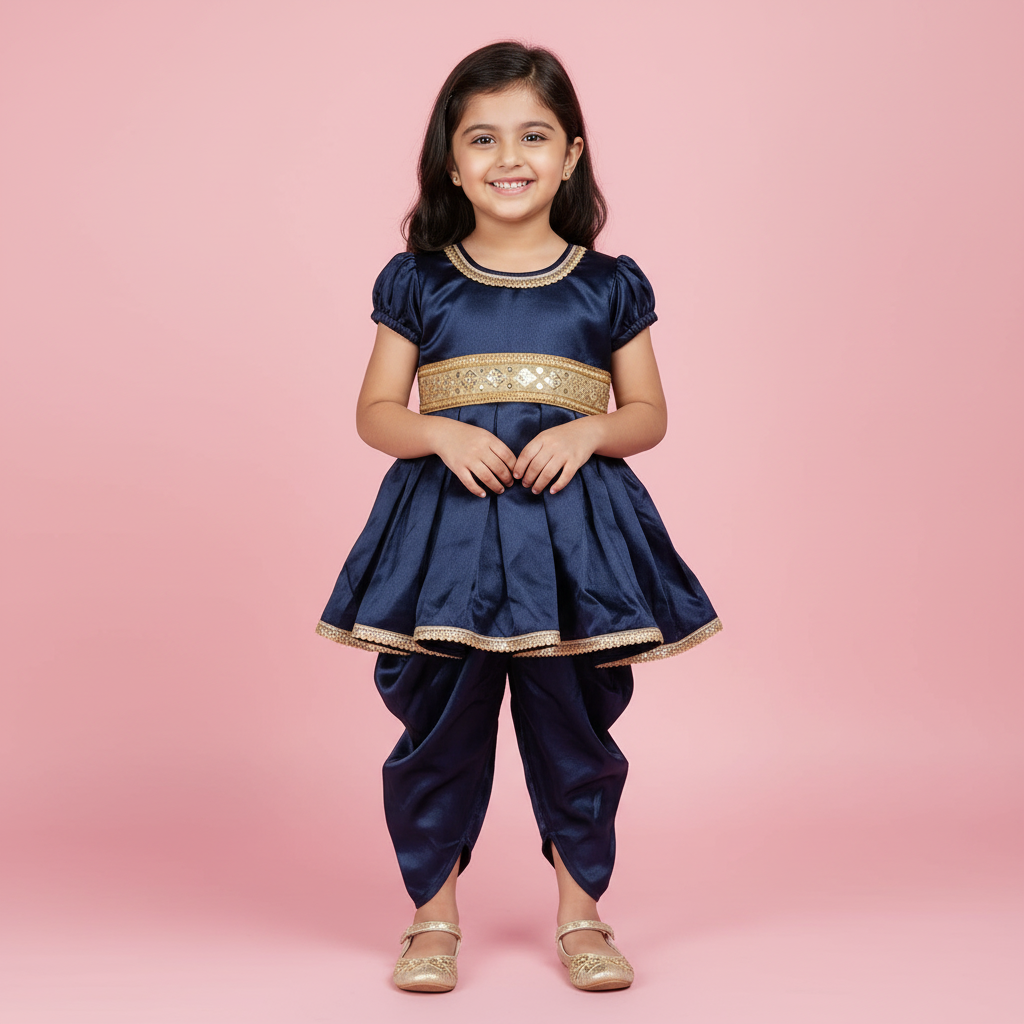 Girls navy blue satin top and dhoti pant set with gold belt