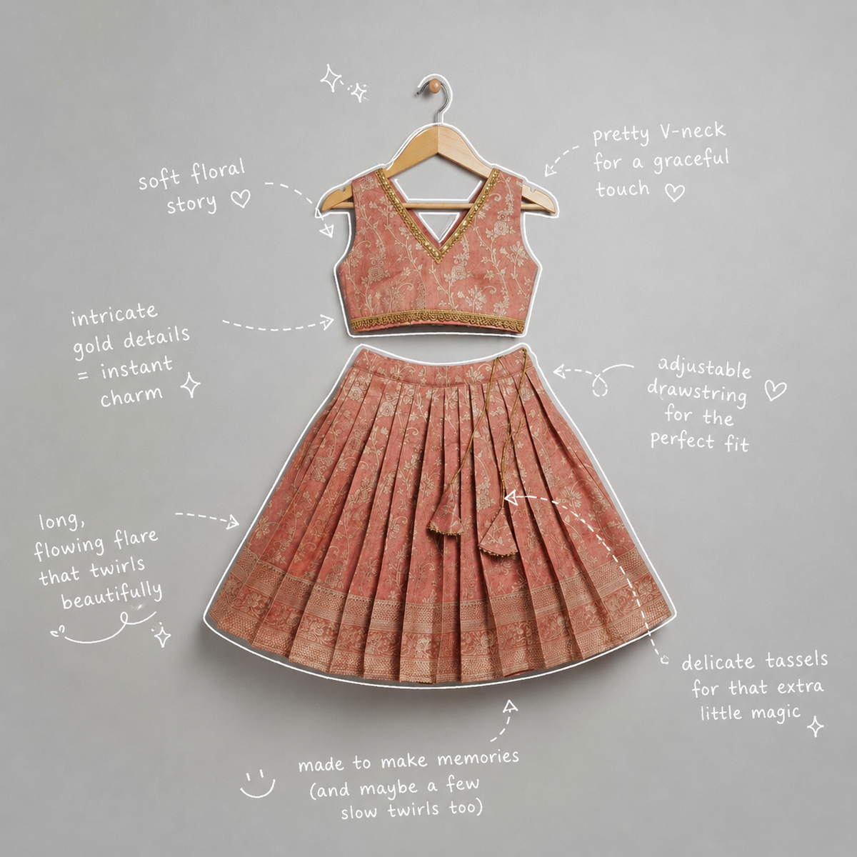 Girls peach Banarsi long flare lehnga - view 2
