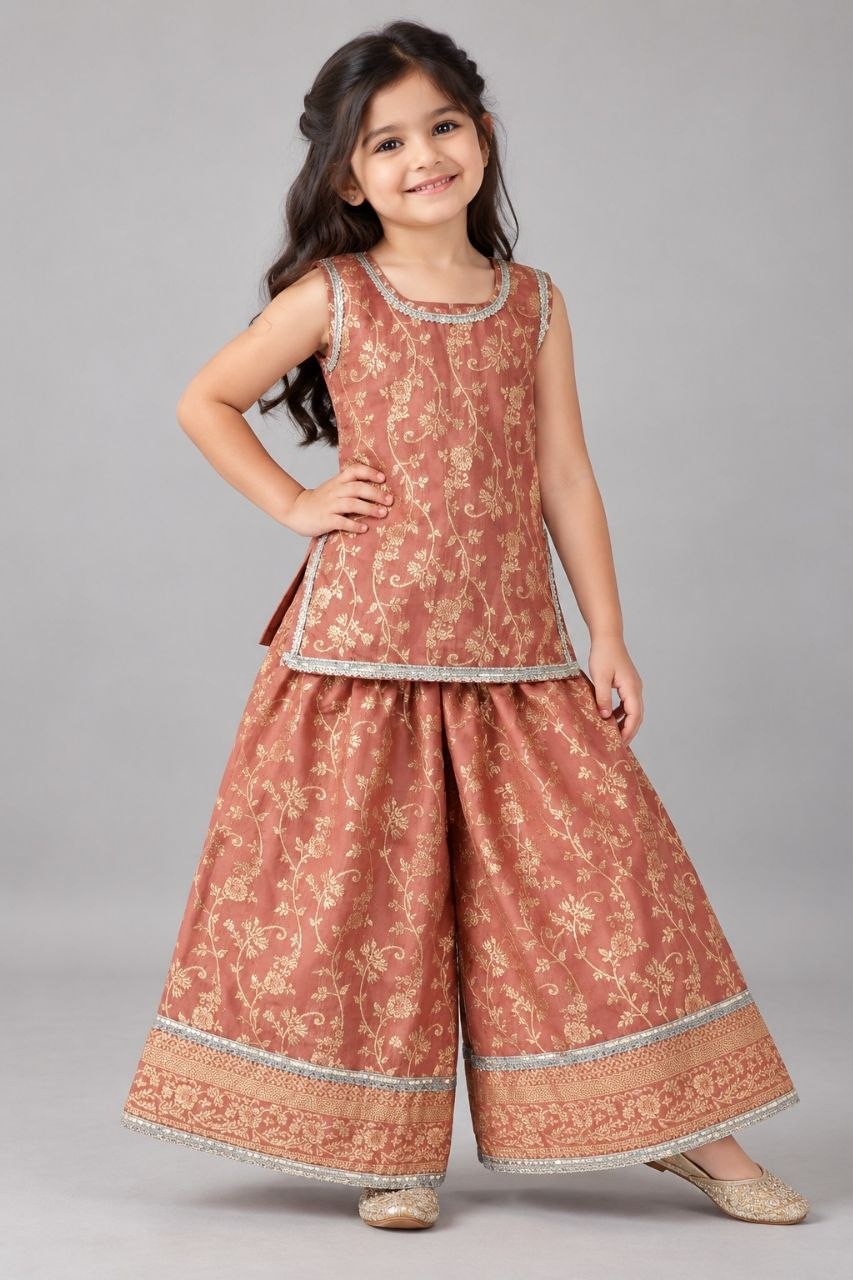 Girls Peach BanarsiTop and Bottom With Cotton Lining