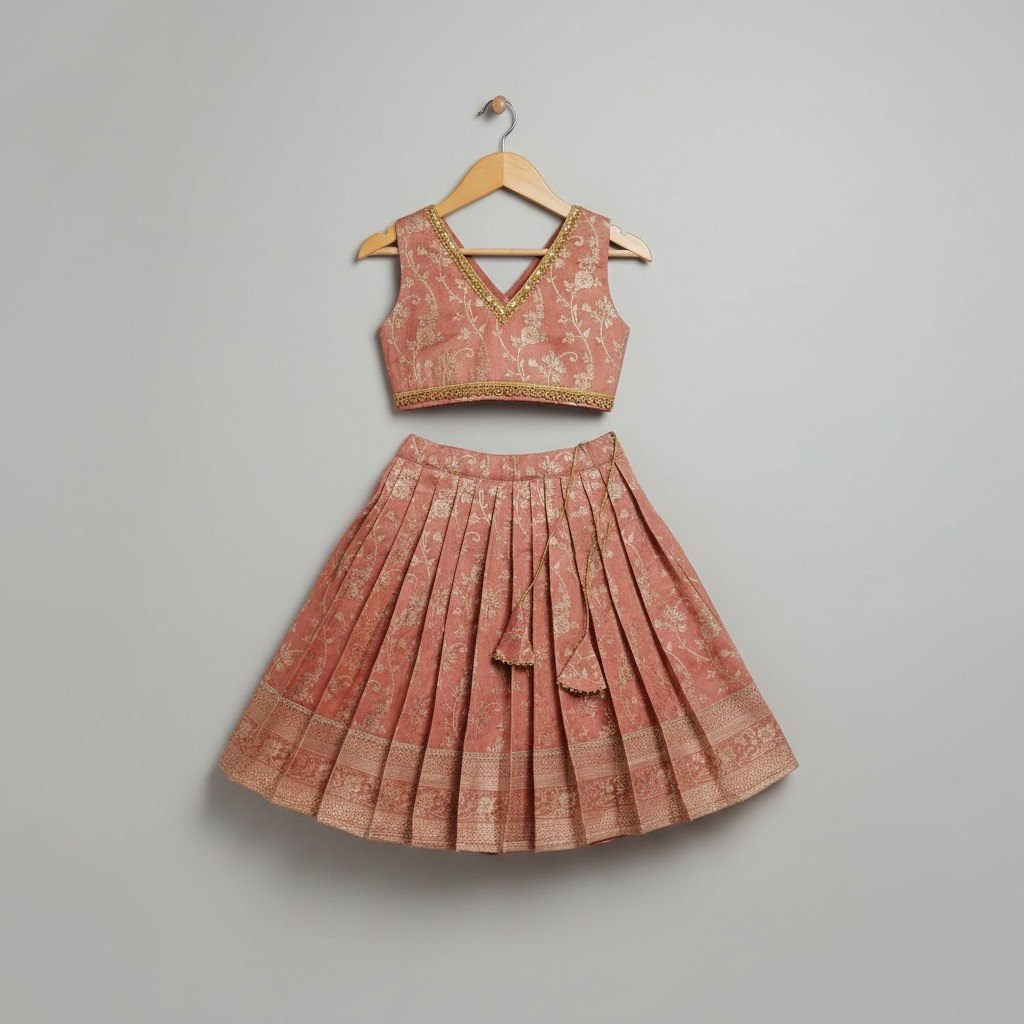 Girls Peach Pure Banarsi Long Flare Baby Girl Lehnga