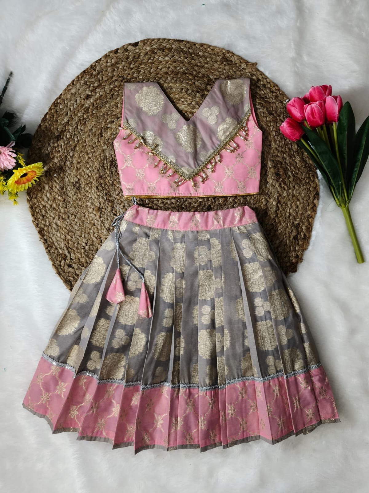 Girls Pink Banarasi Lehenga with Cotton Lining