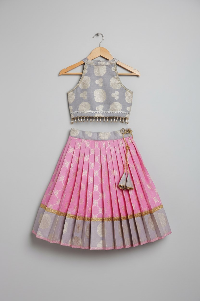 Girls Pink Banarsi Halter Baby Girl Lehnga
