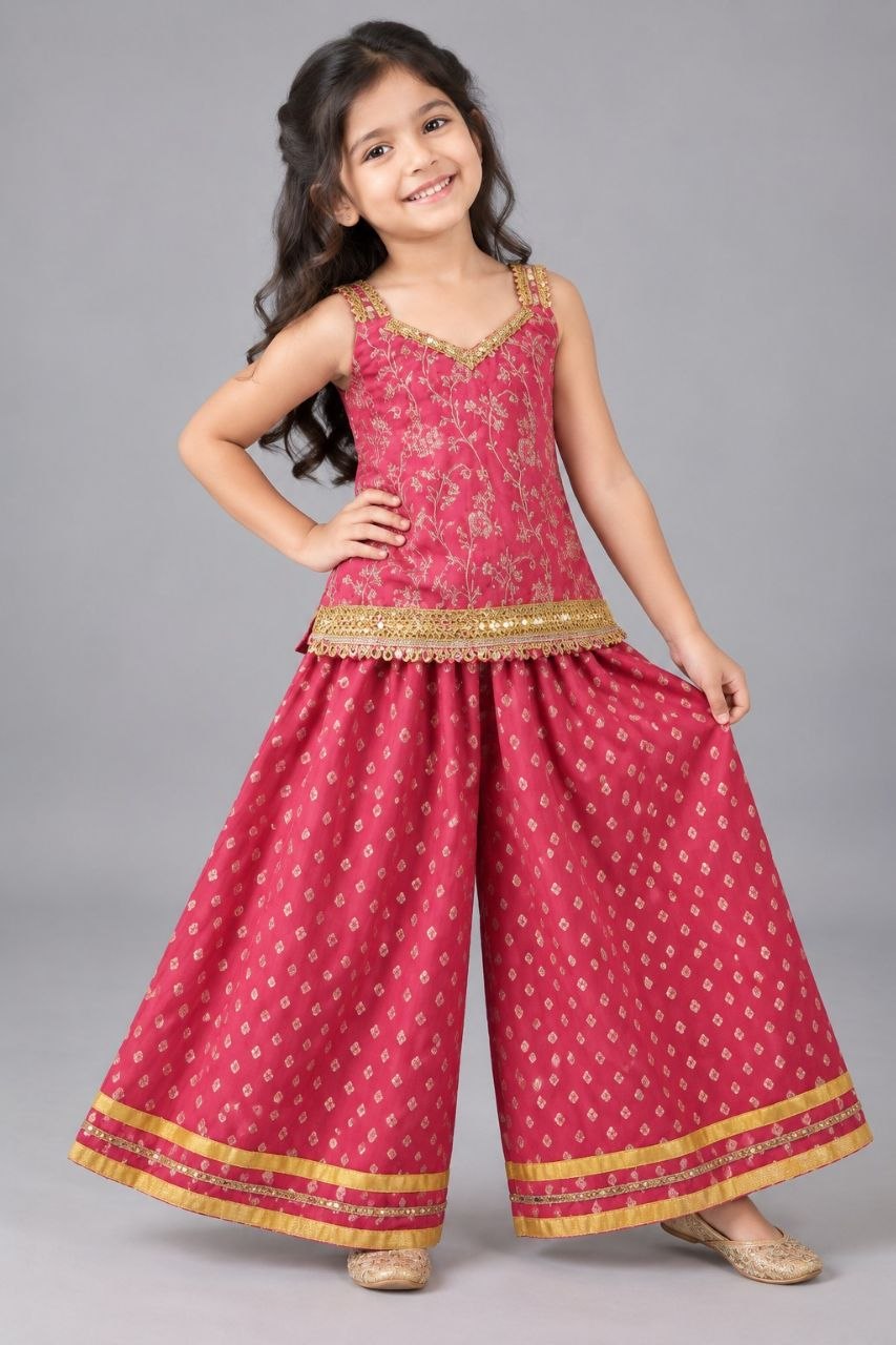 Girls Pink  Banarsi Top and Bottom With Cotton Lining