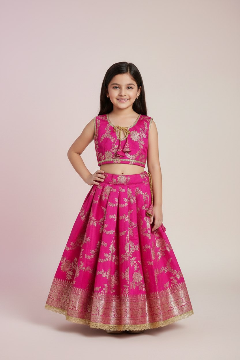 Girls Pink Banarsi  Embroidered Lehnga