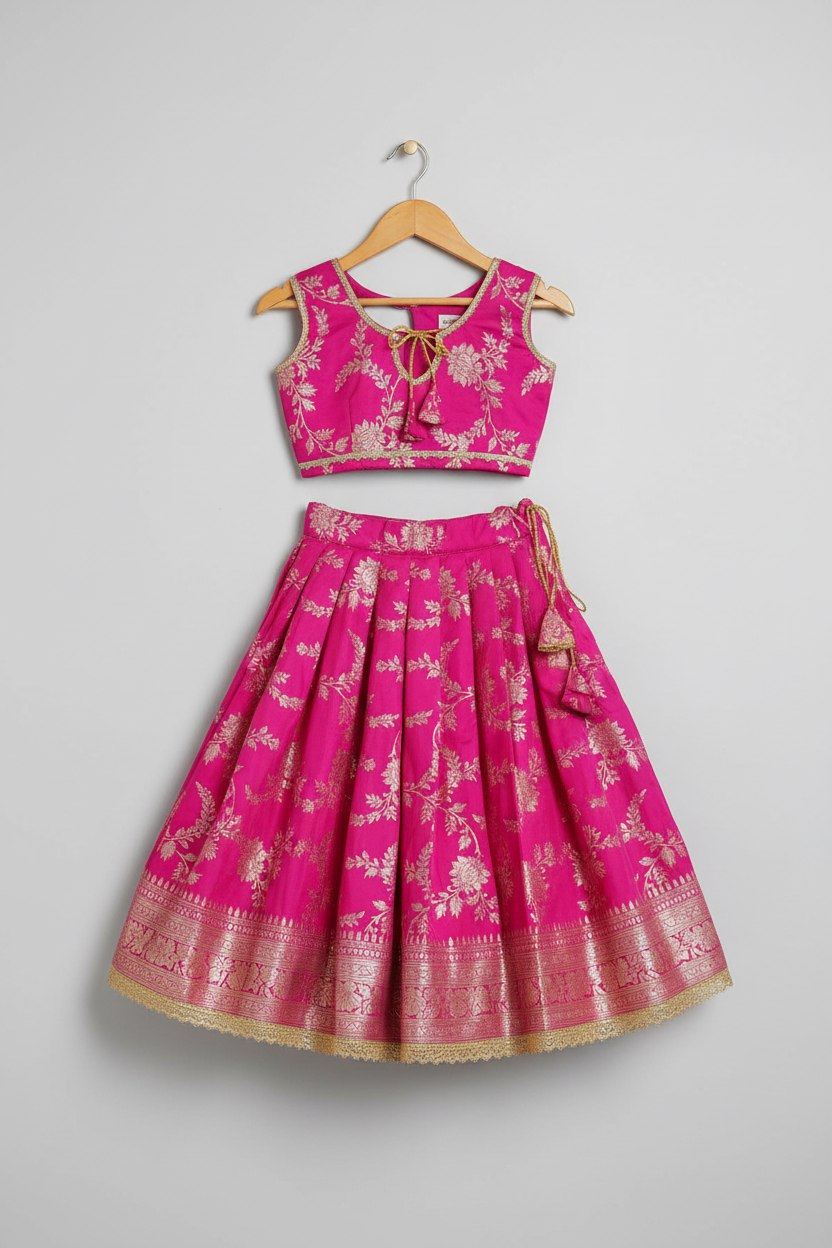 Girls Pink Banarsi  Embroidered Lehnga