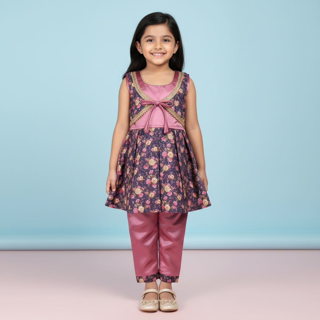 Girls pink satin top with floral art silk jacket and matching pants