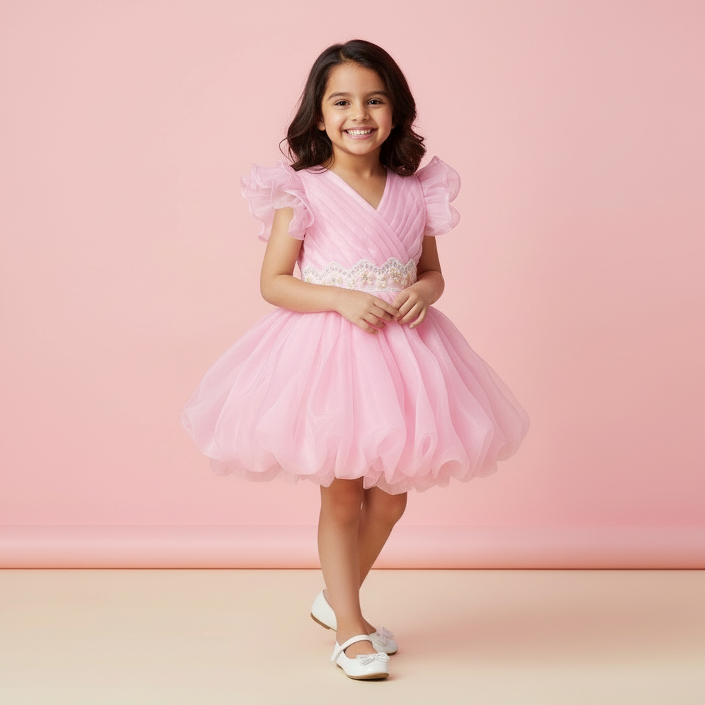 Girls pink organza party dress with flutter sleeves and ruffled skirt