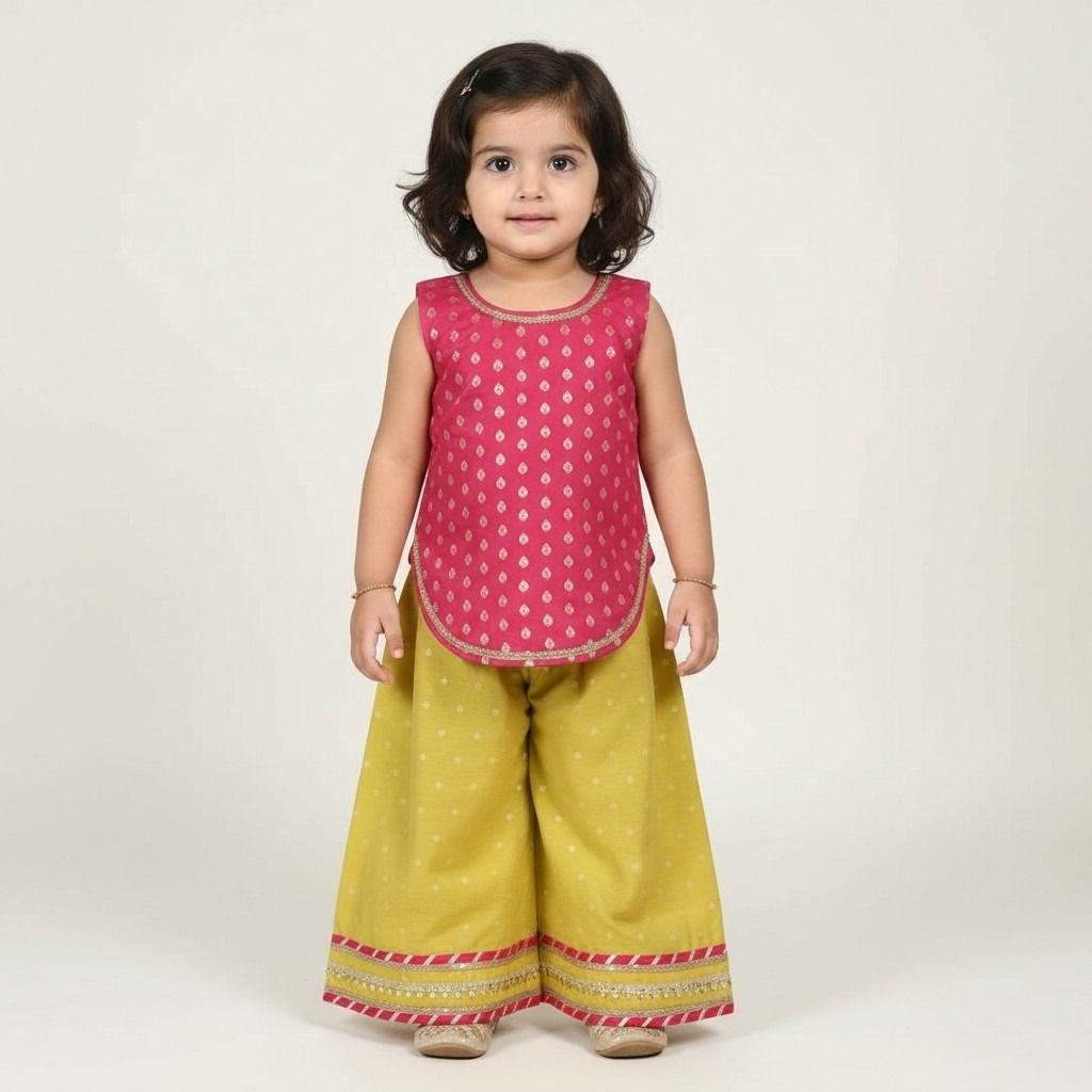 Girls pink Banarsi kurta with yellow pajama and gold accents