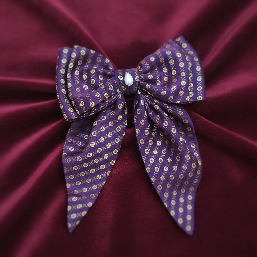 Girls purple Banarsi jacquard long-tail hair bow with gold weave and pearl centre