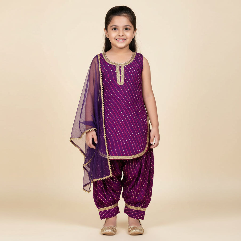 Girls purple bandhani print kurti with dhoti pants and net dupatta
