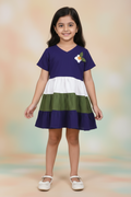 Girls purple, green and white colour block tiered dress with floral applique