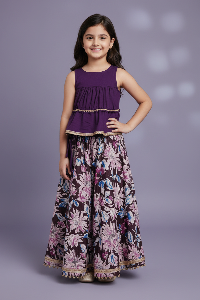 Girls purple pure cotton sleeveless kurti with wide-leg floral palazzo pants