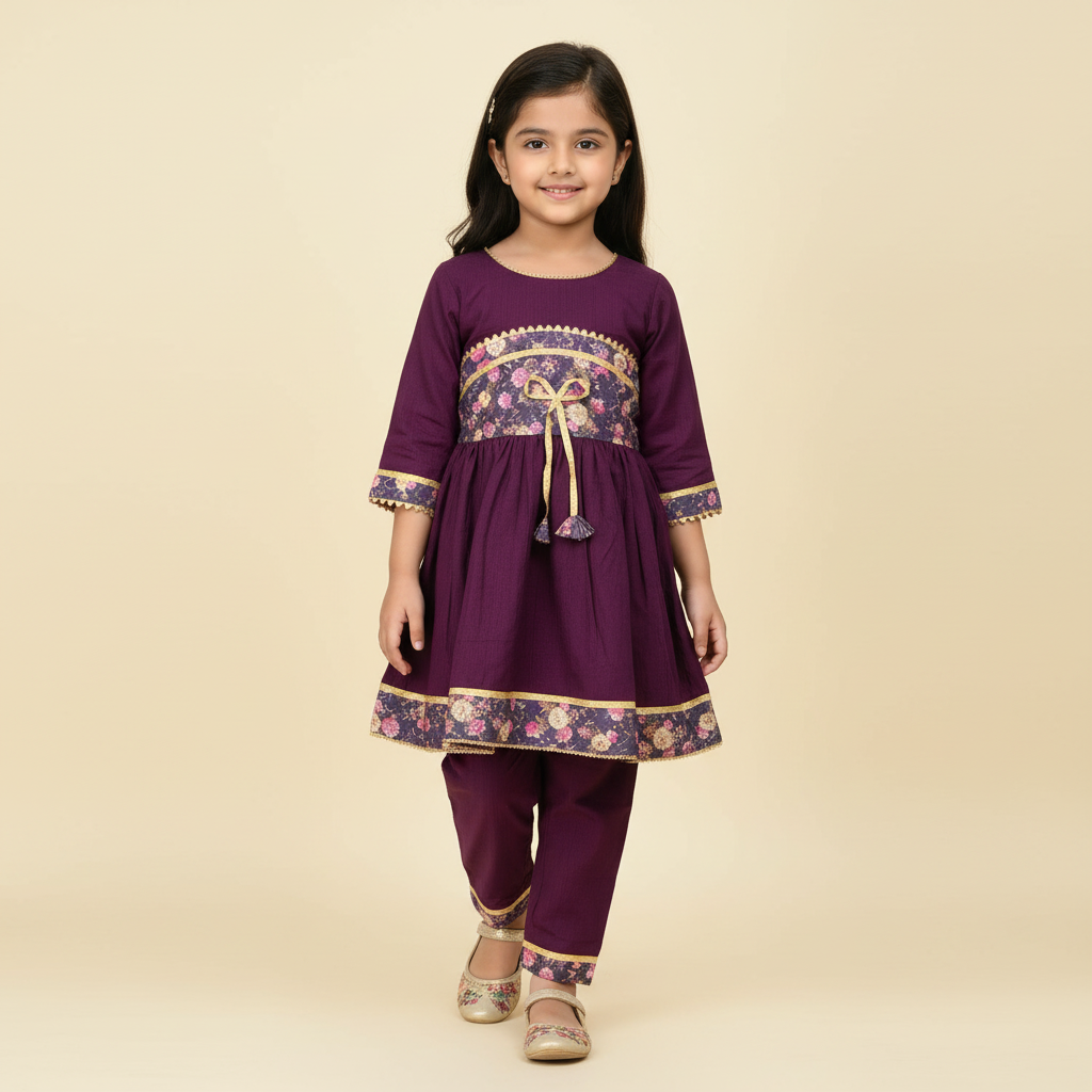 Girls purple cotton viscose kurta and pants set with art silk borders