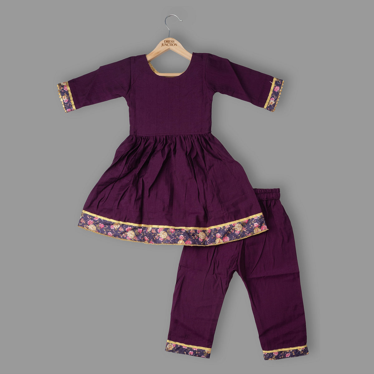 Girls purple cotton viscose kurta set - view 3